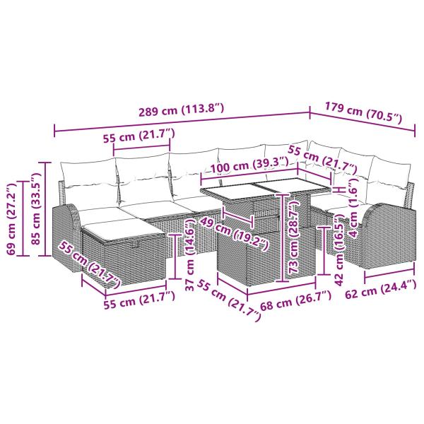 Garten-Sofa-Set mit Kissen mit Speicher 9 pcs Braun Poly Rattan