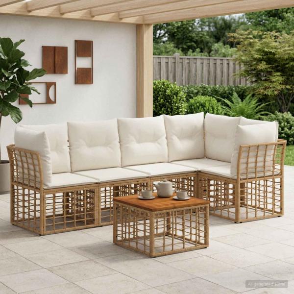ARDEBO.de - Outdoor-Sofagarnitur 6 Stk. Natürlich und Cremweiß Polyester