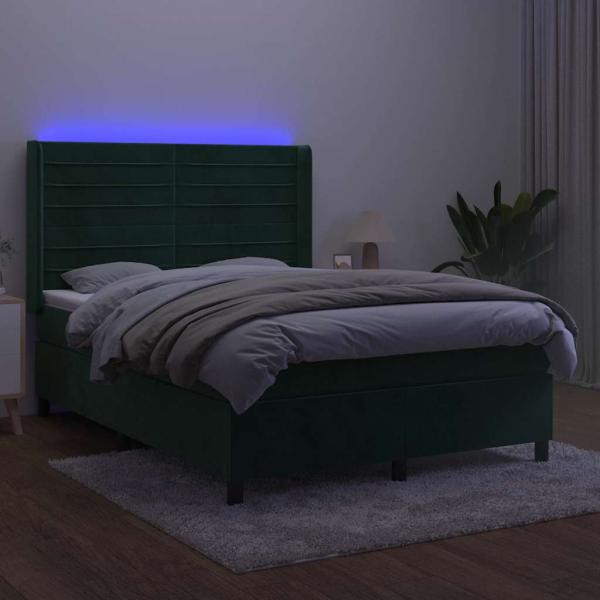 Boxspringbett mit Matratze & LED Dunkelgrün 140x190 cm Samt