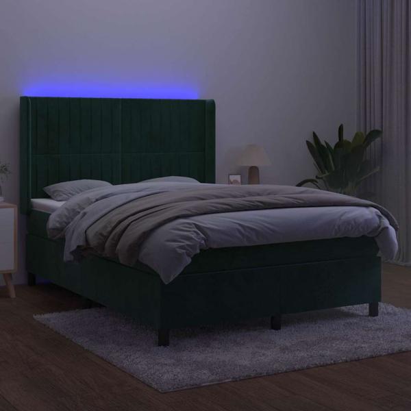 Boxspringbett mit Matratze & LED Dunkelgrün 140x190 cm Samt