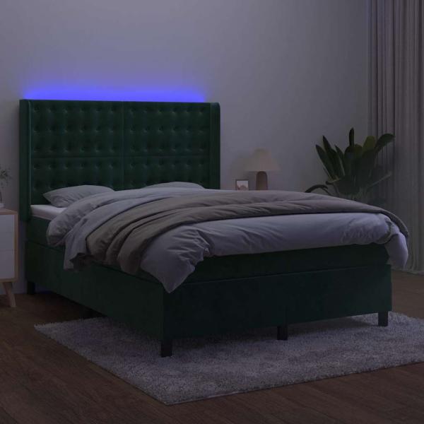 Boxspringbett mit Matratze & LED Dunkelgrün 140x200 cm Samt