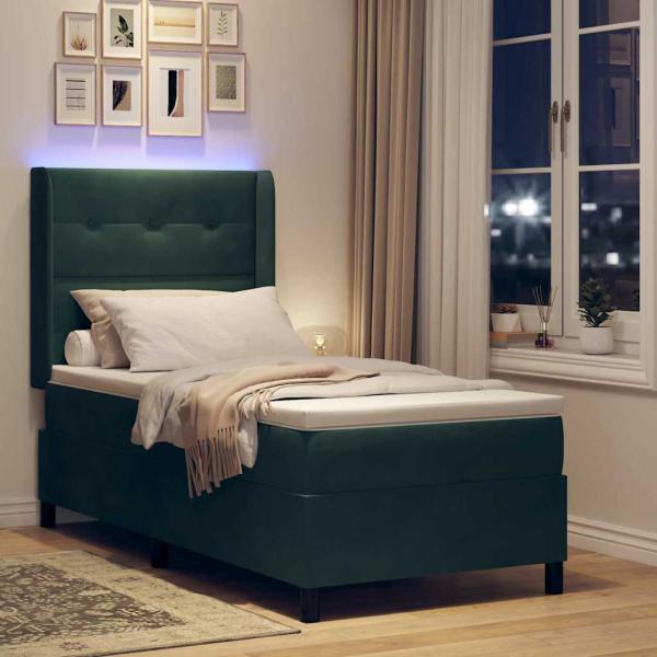 Boxspringbett mit LED-Lichtleisten Dunkelgrün 90 x 190 cm Samt