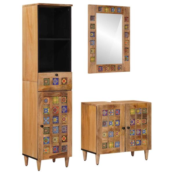 ARDEBO.de - Badezimmermöbel-Set mit Schubladen 3 pcs Natur Massivholz Mango