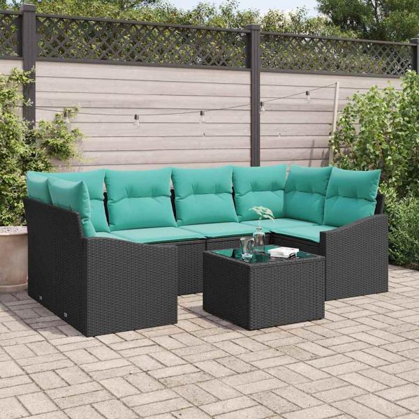 ARDEBO.de - Sofa Set 7 stk. 3-Sitzanzahl Schwarz und Türkis Poly Rattan