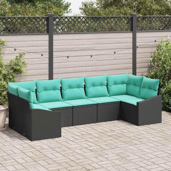 ARDEBO.de - Sofa Set mit Kissen 7 pcs Schwarz Poly Rattan