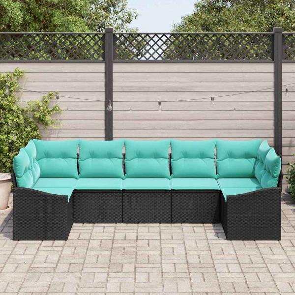Sofa Set mit Kissen 7 pcs Schwarz Poly Rattan