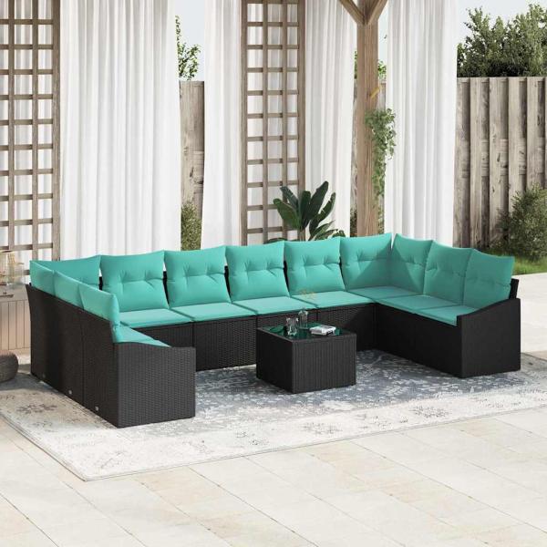 ARDEBO.de - Sofa Set mit Kissen 11 pcs Schwarz Poly Rattan