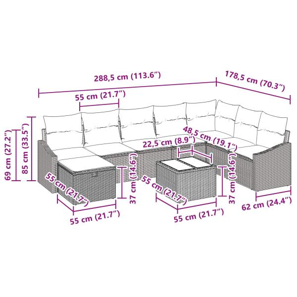 Gartensofa-set 9 pcs Poly-Rattan