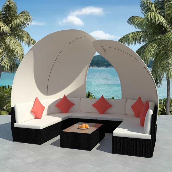 ARDEBO.de - 9-tlg. Garten-Lounge-Set mit Sonnendächern Poly Rattan Schwarz
