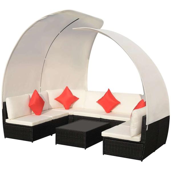 9-tlg. Garten-Lounge-Set mit Sonnendächern Poly Rattan Schwarz