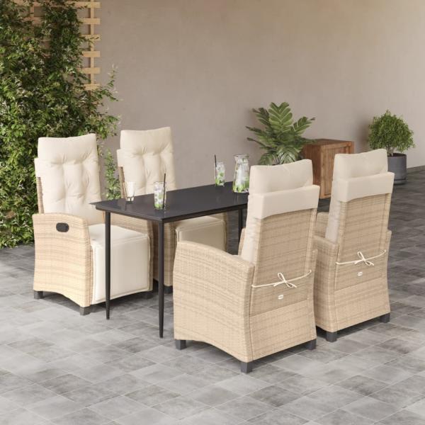 ARDEBO.de - 5-tlg. Garten-Essgruppe mit Kissen Beige Poly Rattan