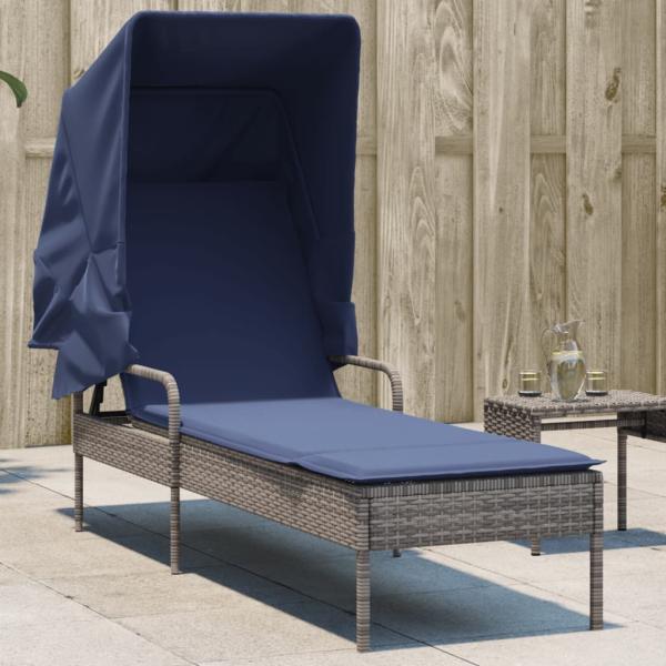 ARDEBO.de - Sonnenliege mit Sonnendach Grau Poly-Rattan
