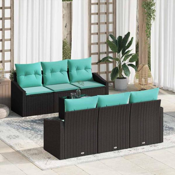ARDEBO.de - Sofa Set mit Kissen 7 pcs Schwarz und Türkis Poly Rattan
