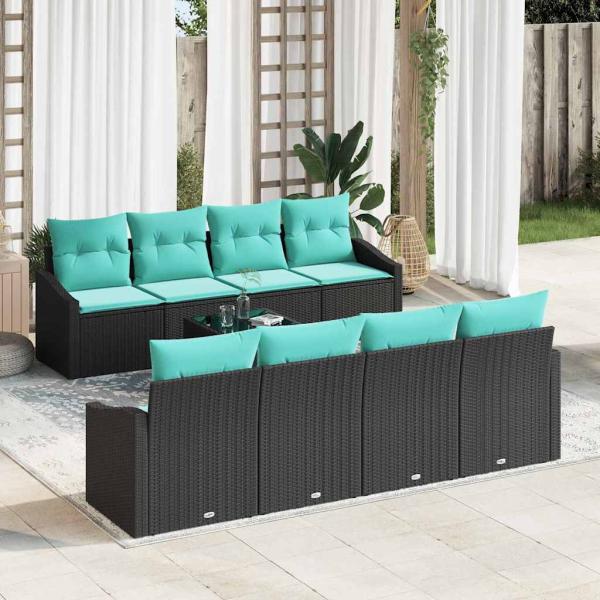 ARDEBO.de - Sofa Set mit Kissen 9 pcs Schwarz und Türkis Poly Rattan