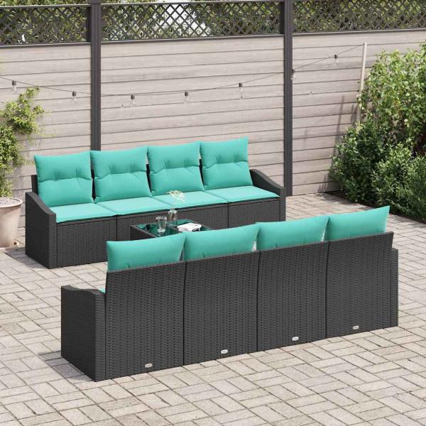 Sofa Set mit Kissen 9 pcs Schwarz und Türkis Poly Rattan