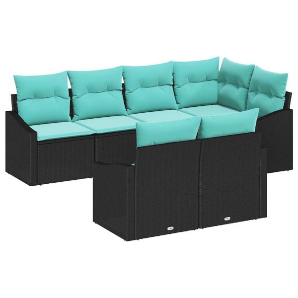 Sofa Set mit Kissen 7 pcs Schwarz Poly-Rattan