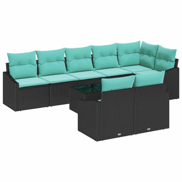 Sofa Set mit Kissen 9 pcs Schwarz Poly Rattan