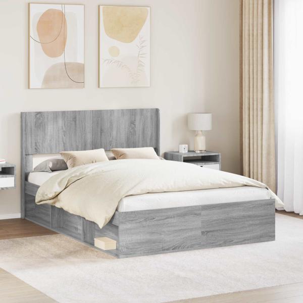 ARDEBO.de - Bettgestell mit Stauraum und Kopfteil Grau Sonoma 135 x 190 cm