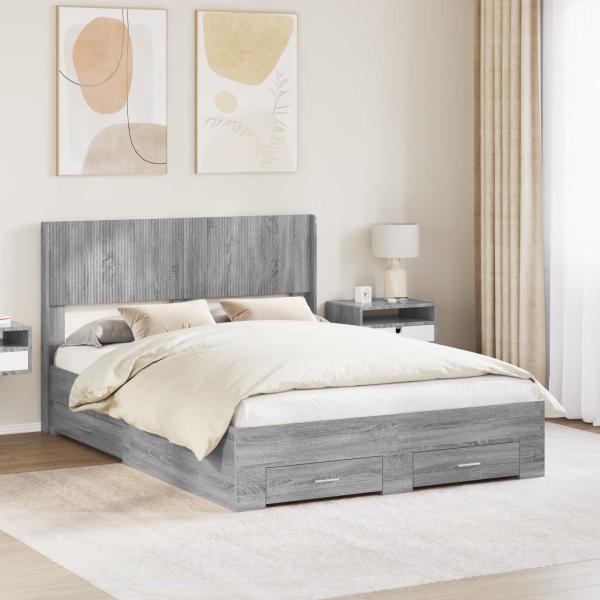 ARDEBO.de - Bettgestell mit Stauraum und Kopfteil Grau Sonoma 135 x 190 cm