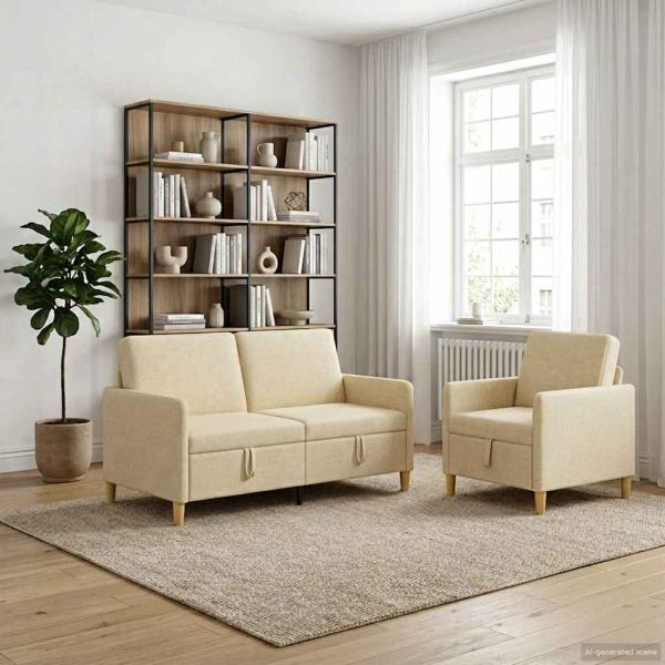 Sofa Set mit Stauraum 2 stk. Creme Polyester