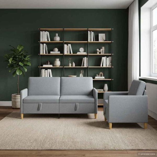Sofa Set mit Stauraum 2-tlg. Hellgrau Polyester