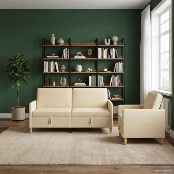 Sofa Set mit Stauraum 2 stk. Creme Polyester