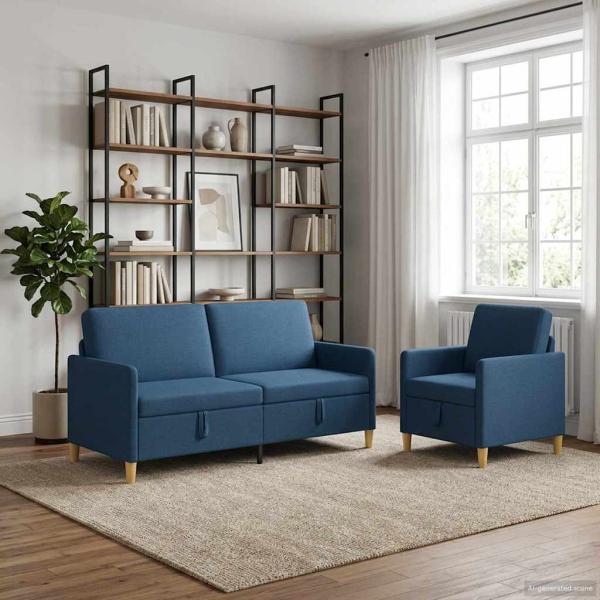 Sofa Set mit Stauraum 2 stk. Blau Polyester