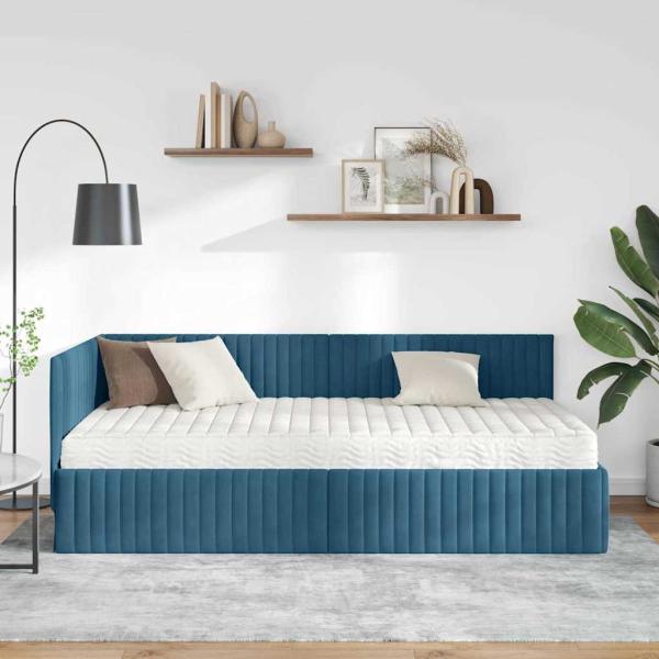 Eckbettgestell mit Matratze mit Kopfteil 2 stk. Blau Samt