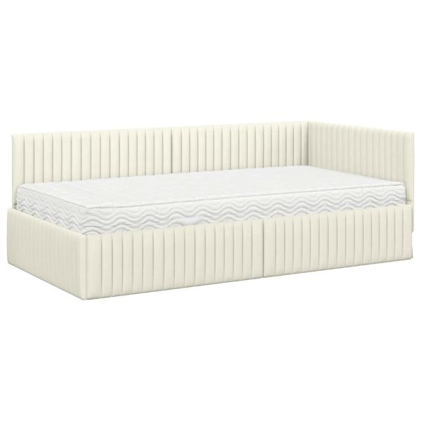 Eckbettgestell mit Matratze mit Kopfteil 2 stk. Creme Samt