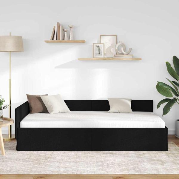 Eckbettgestell mit Kopfteil Schwarz 100 cm x 200 cm Stoff