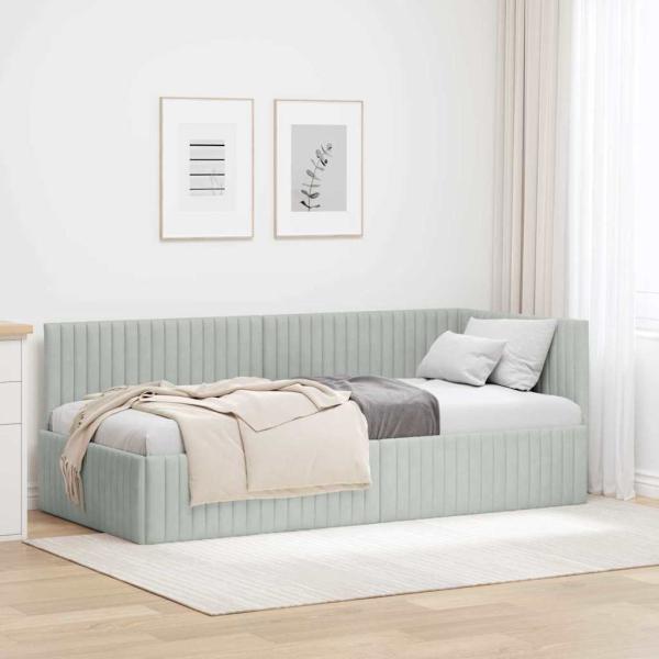 ARDEBO.de - Eckbettgestell mit Kopfteil Hellgrau 90 cm x 190 cm Samt