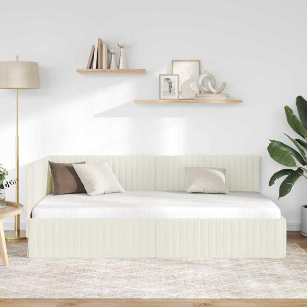 Eckbettgestell mit Kopfteil Creme 100 cm x 200 cm Samt