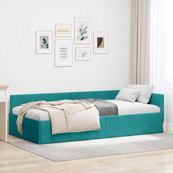 ARDEBO.de - Eckbettgestell mit Kopfteil Türkis 90 cm x 190 cm Samt