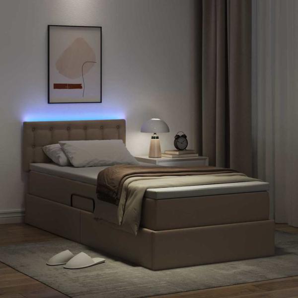 Bett mit Stauraum und LED Cappuccino 90 x 200 cm Kunstleder