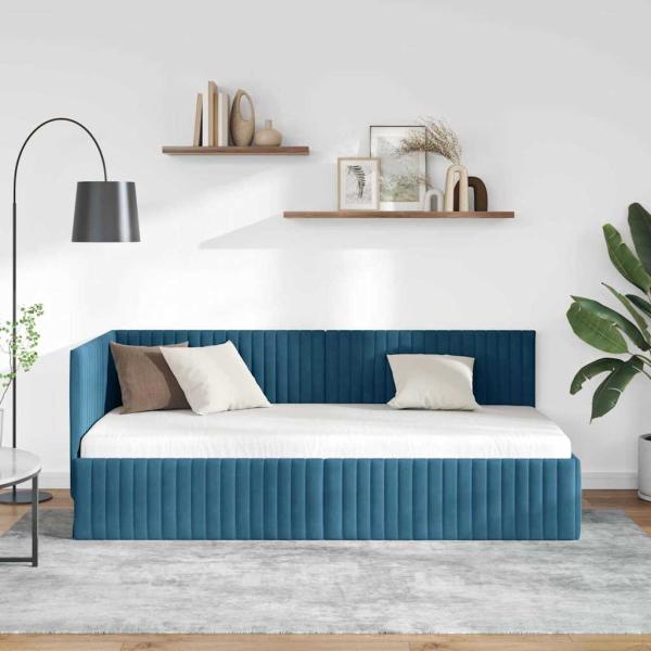 Eckbettgestell mit Kopfteil Blau 90 cm x 190 cm Samt