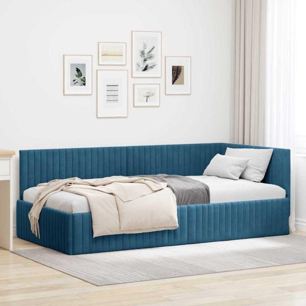 ARDEBO.de - Eckbettgestell mit Kopfteil Blau 100 cm x 200 cm Samt