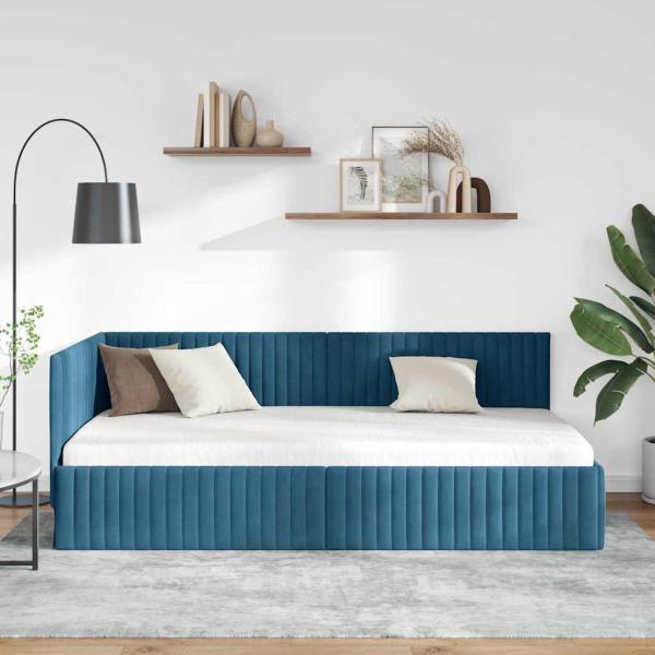 Eckbettgestell mit Kopfteil Blau 100 cm x 200 cm Samt