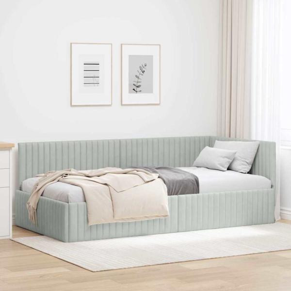 ARDEBO.de - Eckbettgestell mit Kopfteil Hellgrau 100 cm x 200 cm Samt