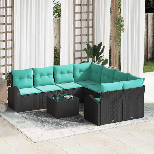 ARDEBO.de - Sofa Set 9 stk. 8-Sitzanzahl Schwarz und Türkis Poly-Rattan