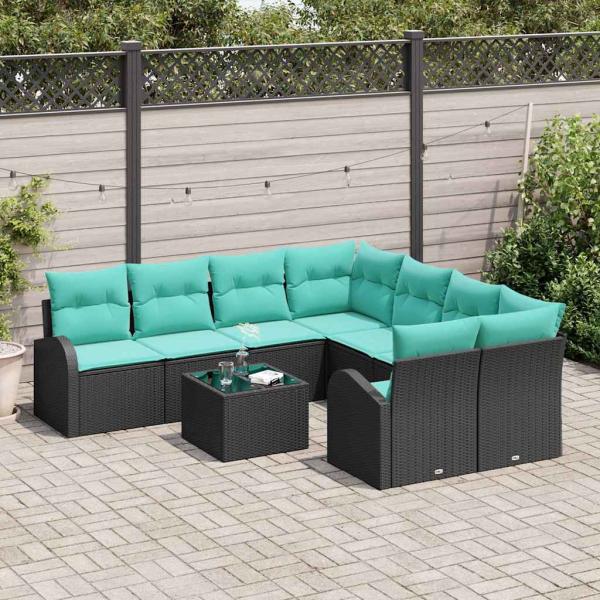 Sofa Set 9 stk. 8-Sitzanzahl Schwarz und Türkis Poly-Rattan