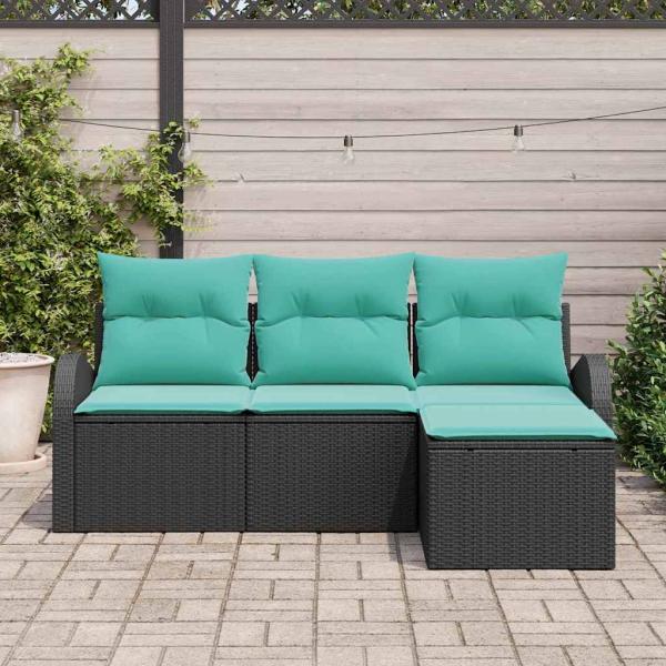 Sofa Set mit Kissen 4 pcs Schwarz und Türkis Poly-Rattan