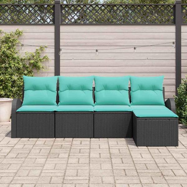 Sofa Set 5 Stk. Schwarz und Türkis Poly-Rattan