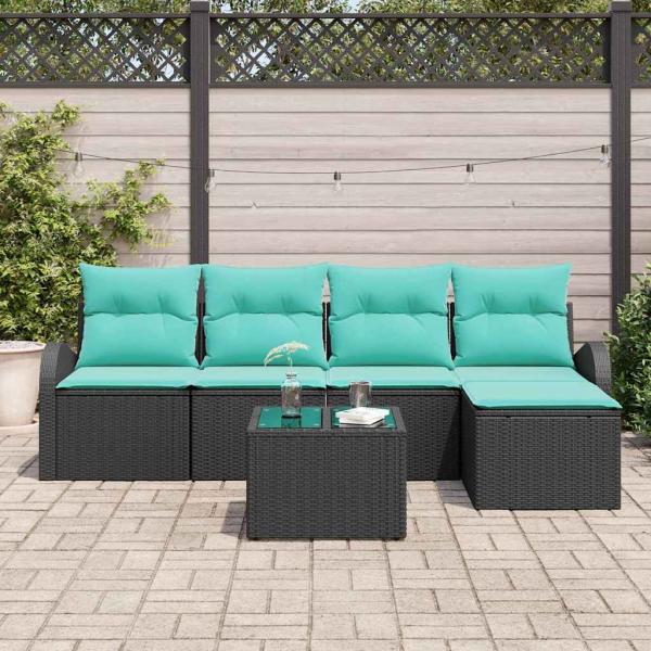 Sofa Set 6 Stk. Schwarz und Türkis Poly-Rattan