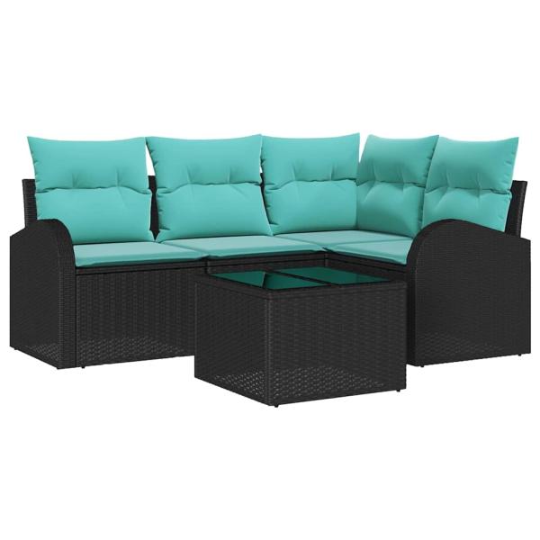Gartensofa-set mit Kissen 5 pcs Schwarz und Türkis Poly-Rattan