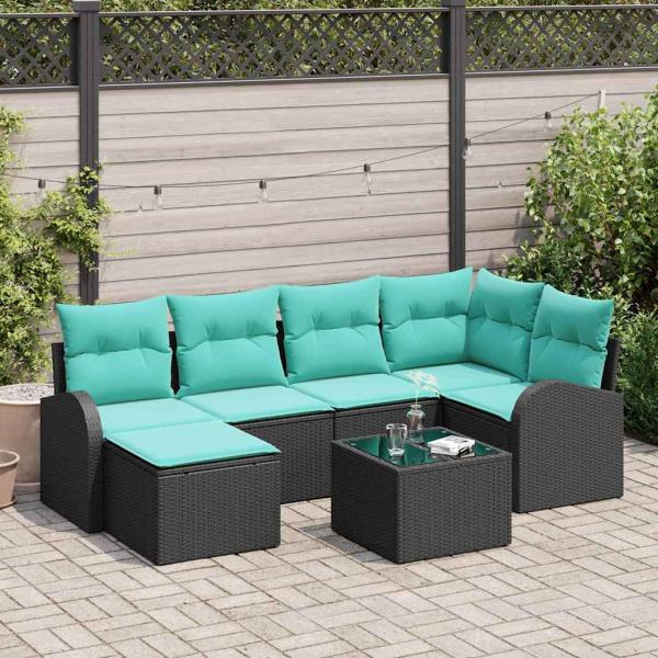 ARDEBO.de - Sofa Set 7 Stk. Schwarz und Türkis Poly-Rattan