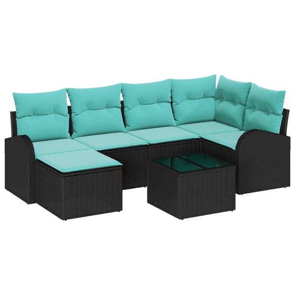 Sofa Set 7 Stk. Schwarz und Türkis Poly-Rattan