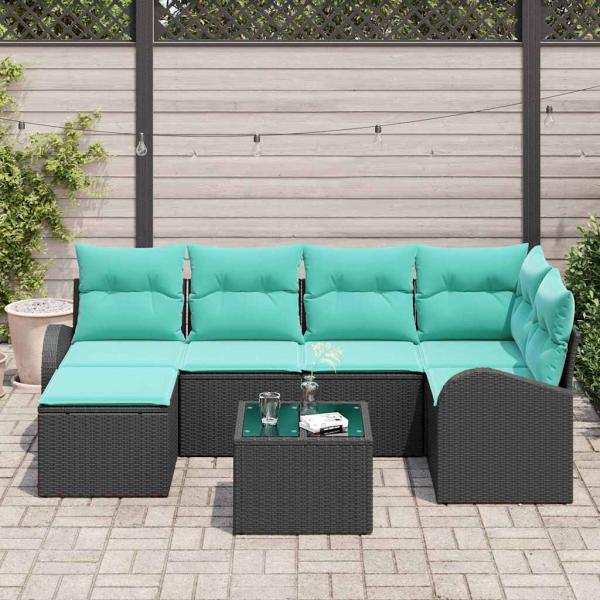 Sofa Set 7 Stk. Schwarz und Türkis Poly-Rattan