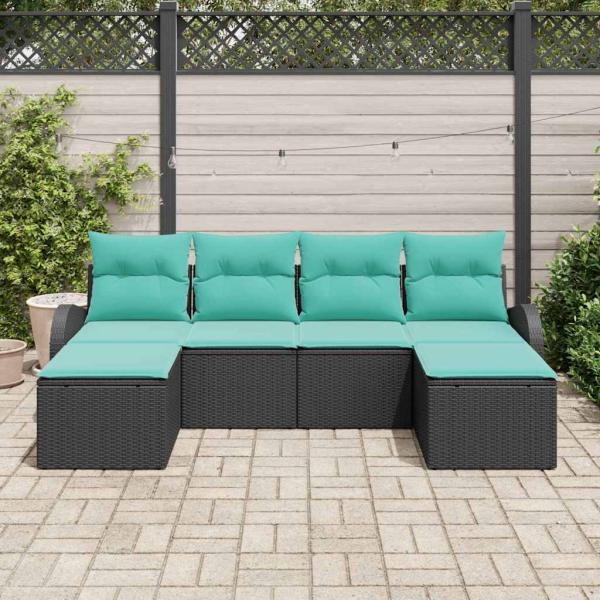 Sofa Set 6 Stk. Schwarz und Türkis Poly-Rattan