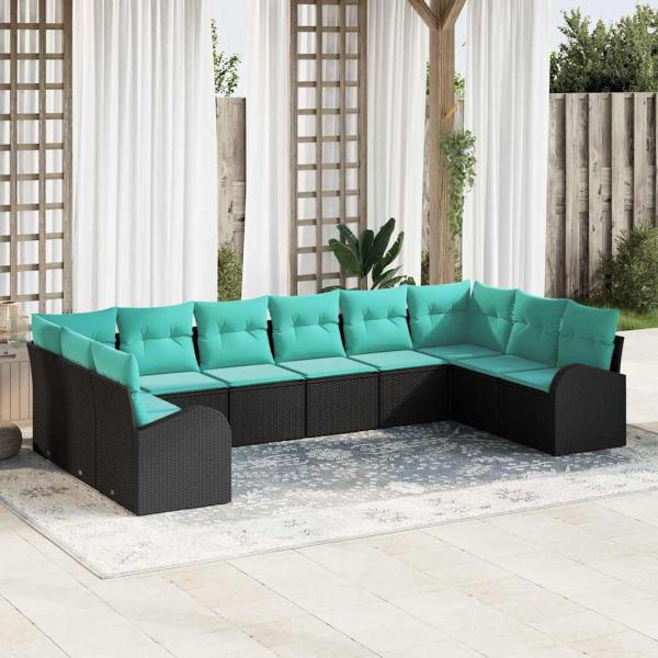 ARDEBO.de - Gartensofa-set 10 Stk. Schwarz und Türkis Poly-Rattan