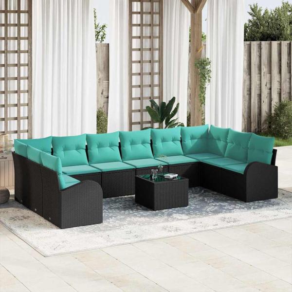 ARDEBO.de - Gartensofa-set 11 Stk. Schwarz und Türkis Poly-Rattan